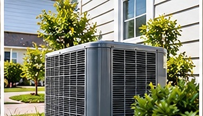 Outdoor air conditioning condenser beside a house with landscaped shrubs