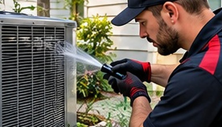 Technician rinsing the coil of an outdoor AC unit during seasonal maintenance