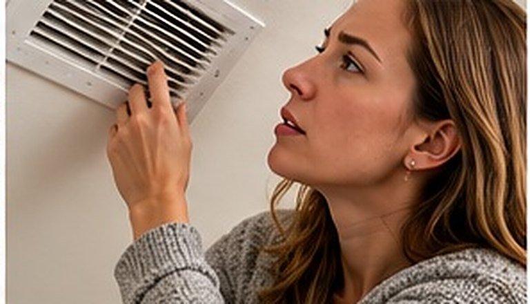 Homeowner checking a ceiling air vent for weak airflow