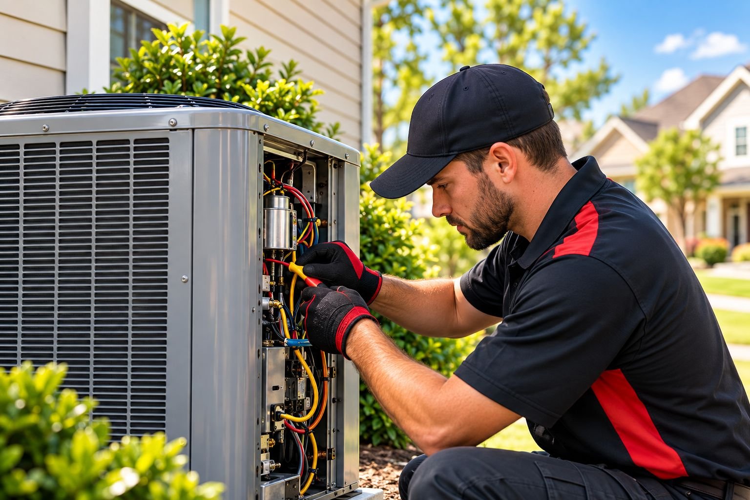 HVAC technician servicing the electrical panel of an outdoor AC unit beside a home